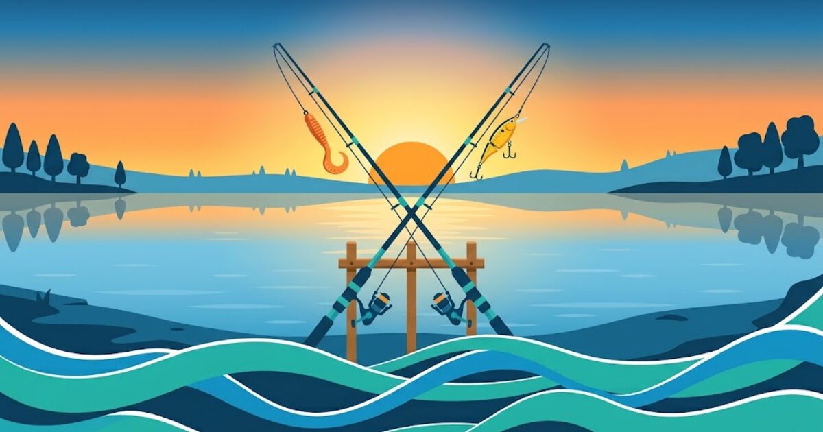 Illustration : deux cannes croisées sur un support au bord de l'eau, un leurre souple orange sur l'une, un poisson nageur jaune sur l'autre.