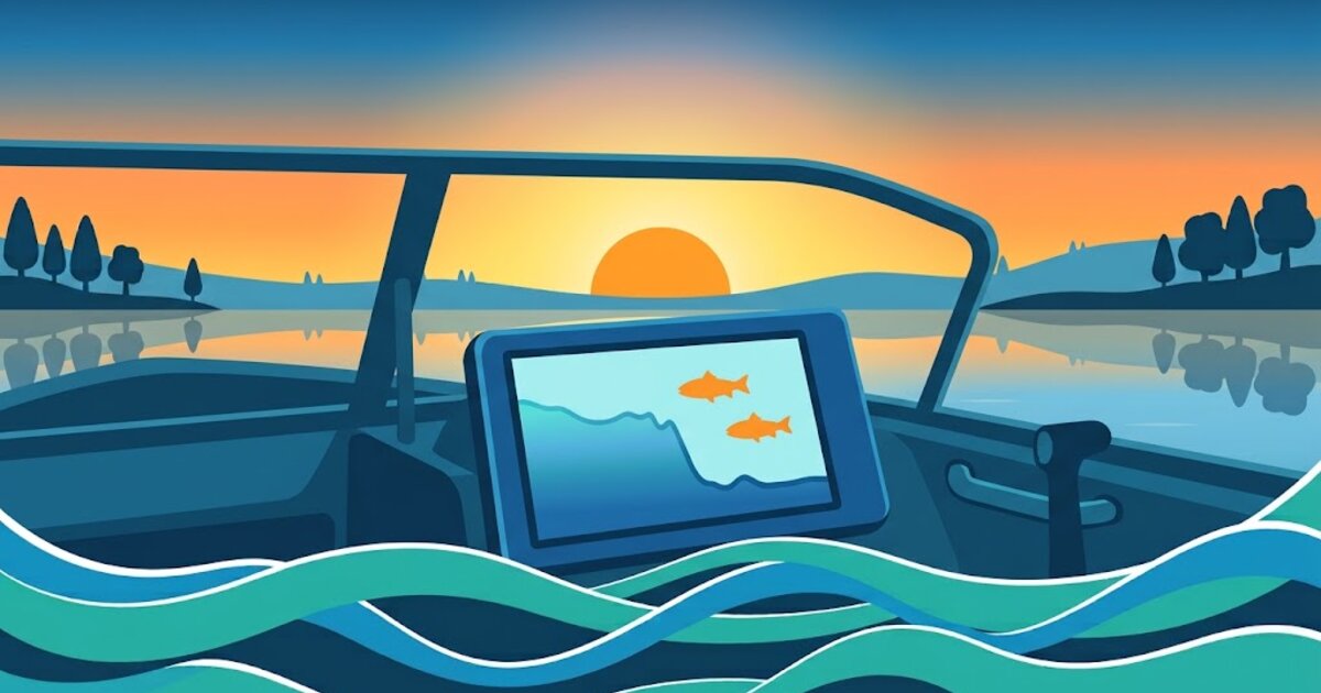 Illustration : le poste de pilotage d'un bateau au soleil couchant, l'écran du sondeur montre une cassure du fond et deux poissons.