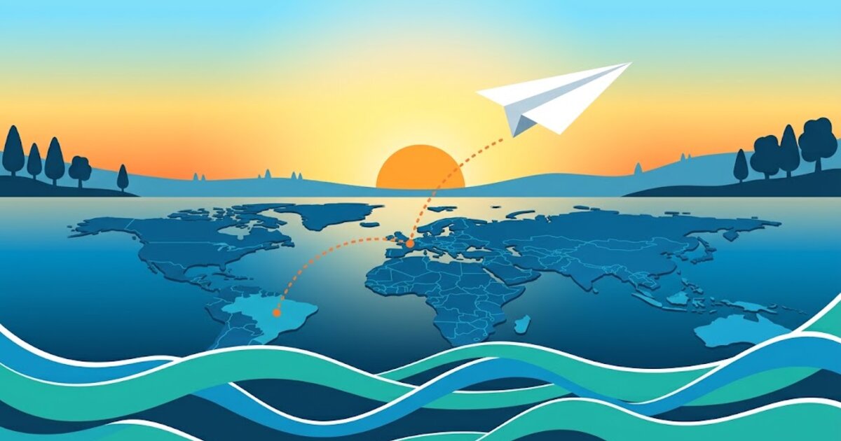 Illustration : un avion en papier au-dessus d'une carte du monde posée sur l'eau, un trajet en pointillés entre la France et le Brésil, sous le soleil.