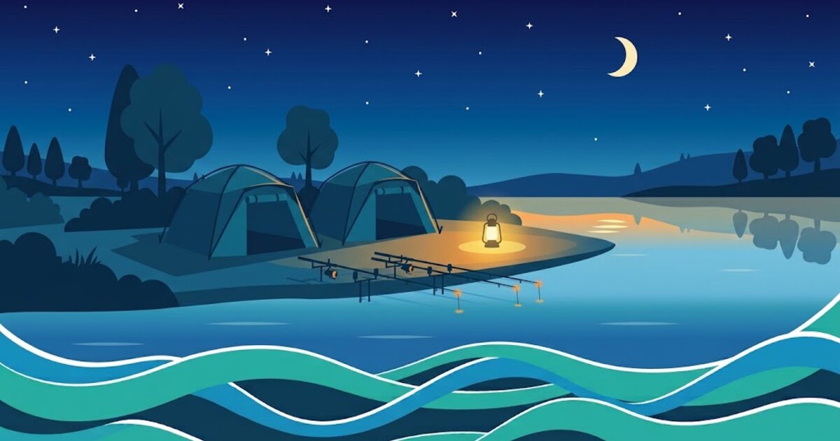 Illustration : deux tentes côte à côte au bord d'un étang la nuit, une lanterne allumée et des cannes posées sur leur support face à l'eau.