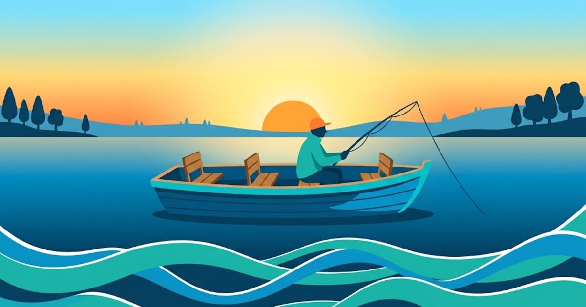 Illustration : un pêcheur seul à bord d'un bateau à quatre sièges, trois sièges vides, sur un lac au coucher du soleil.