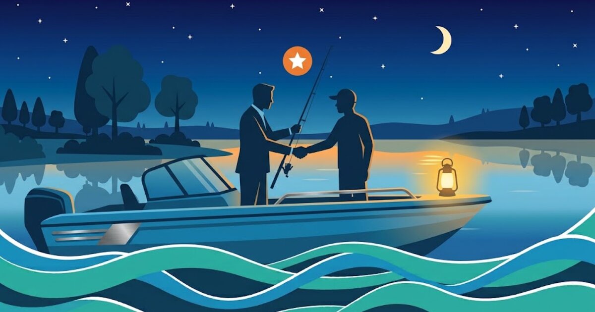 Illustration : sur un bateau la nuit, deux silhouettes se serrent la main, l'une tient une canne, un badge étoilé au-dessus d'elles.